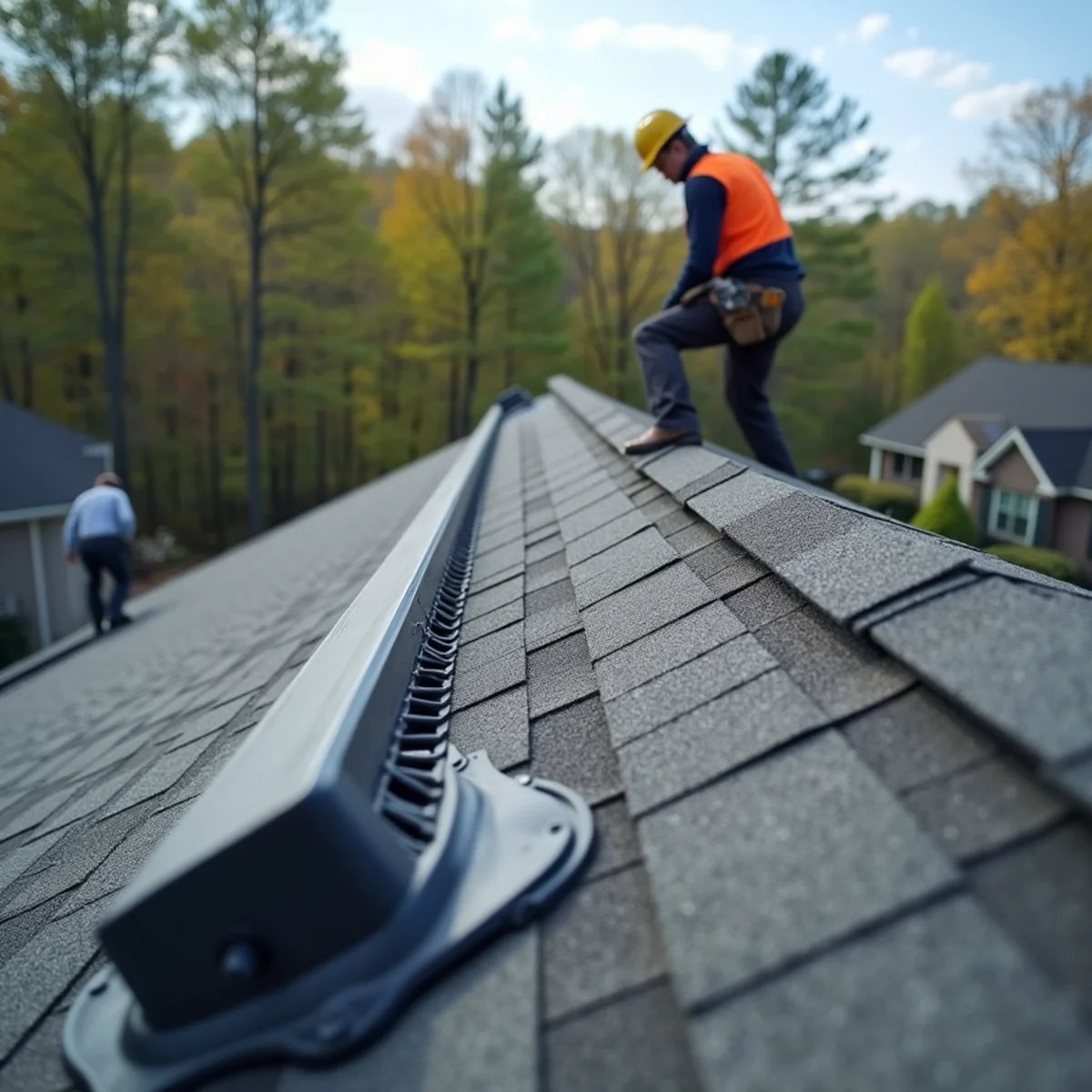 Ridge vent running along the peak of a North Georgia shingle roof with soffit vents below
