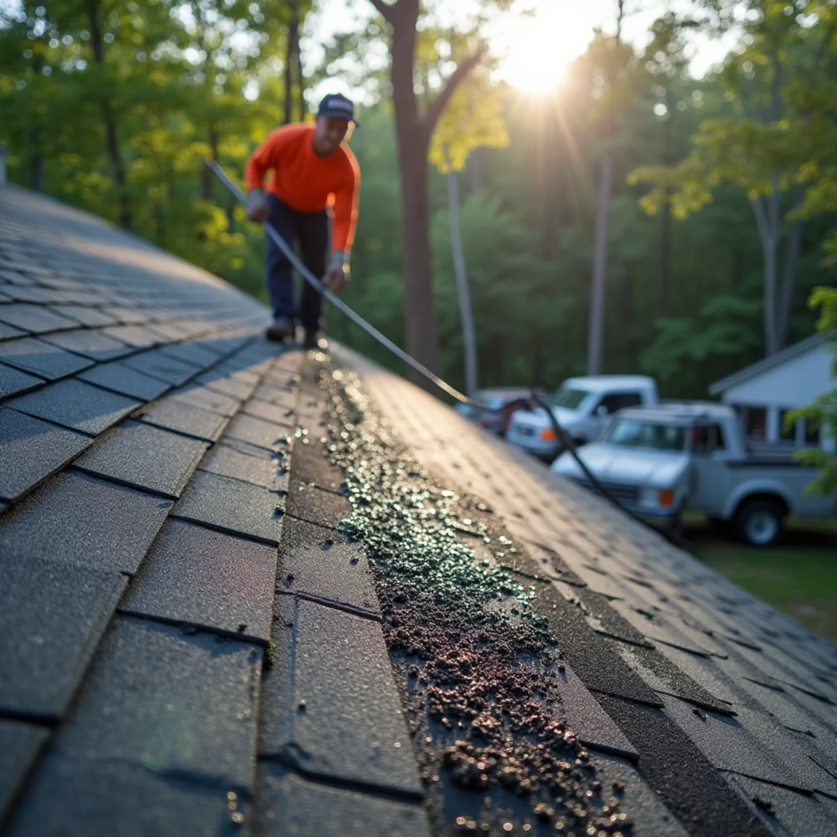 Dark algae streaks running down asphalt shingles on a shaded North Georgia roof