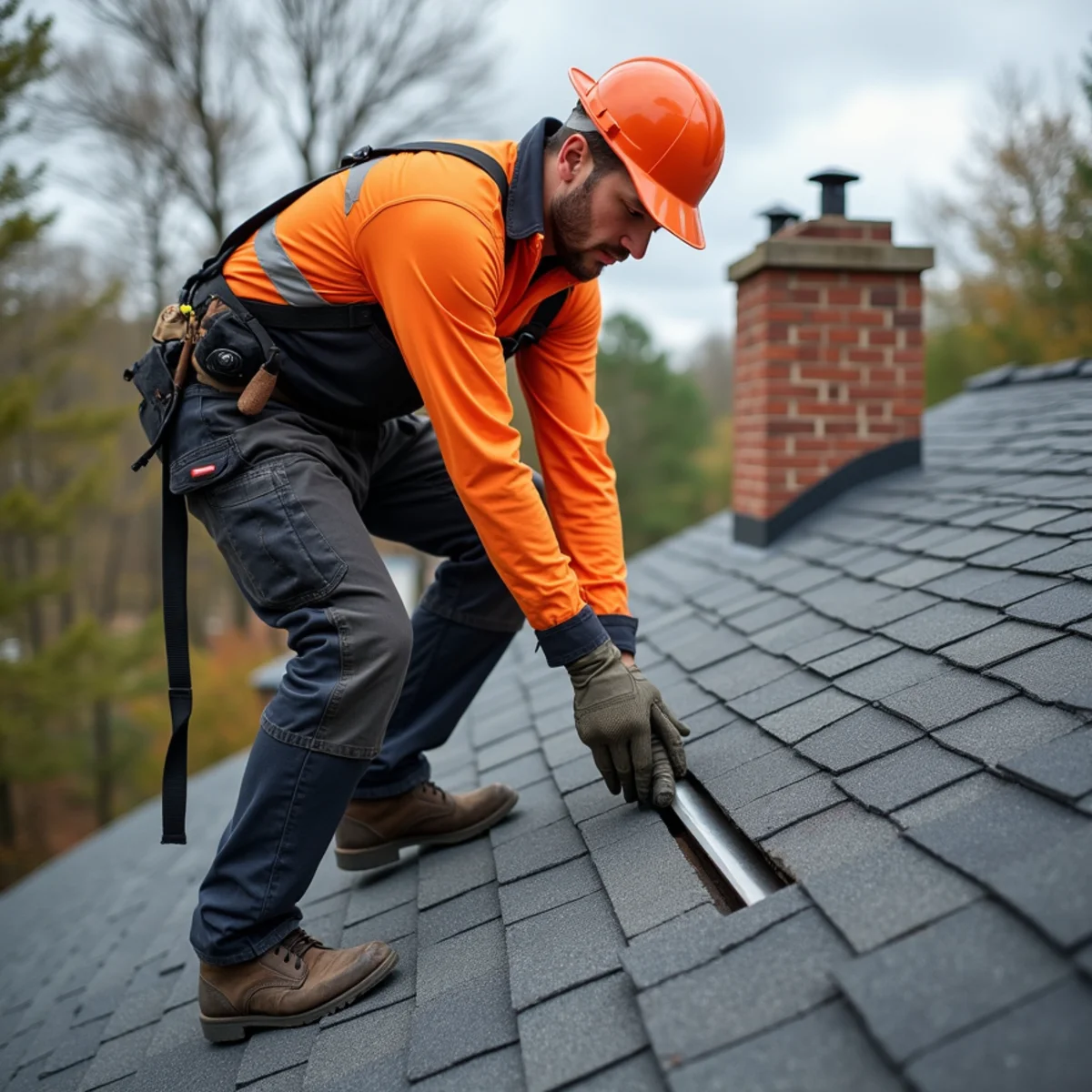 Step flashing along a brick chimney on a North Georgia asphalt shingle roof