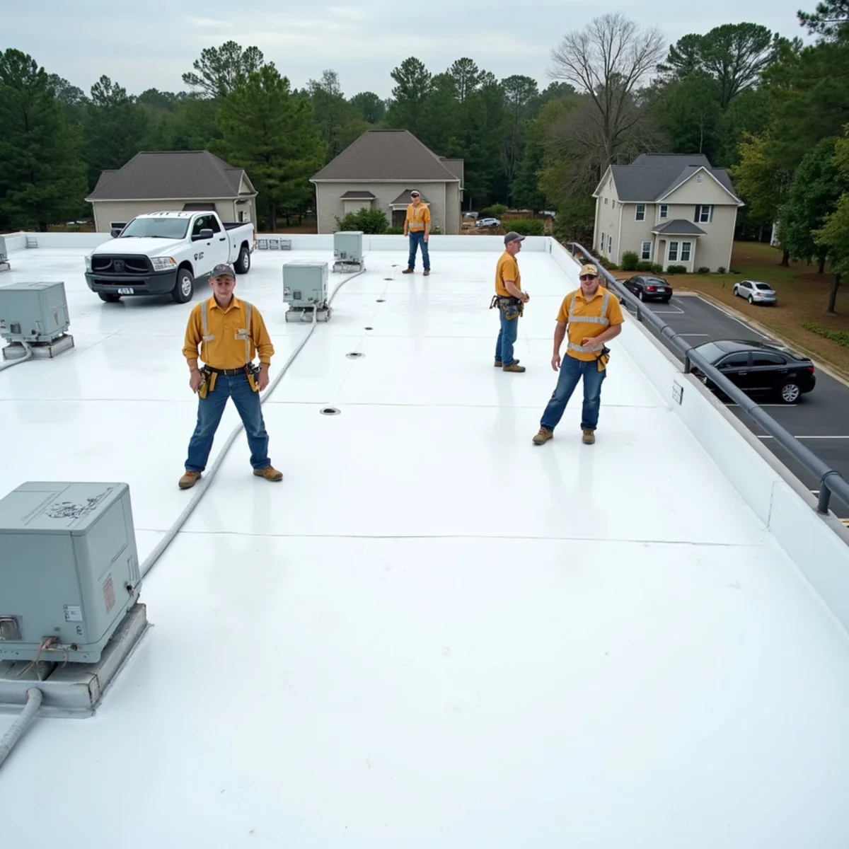 Commercial TPO flat roof with rooftop units and drains on a building near the I-75 corridor in Georgia