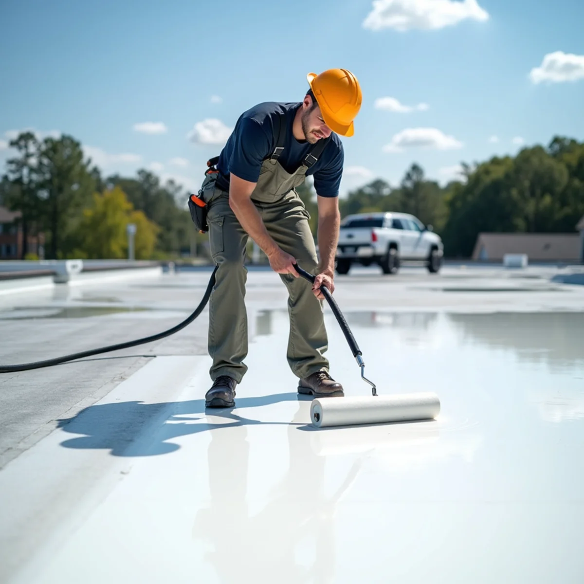 Worker applying a white fluid roof coating with a roller on a commercial flat roof in Georgia