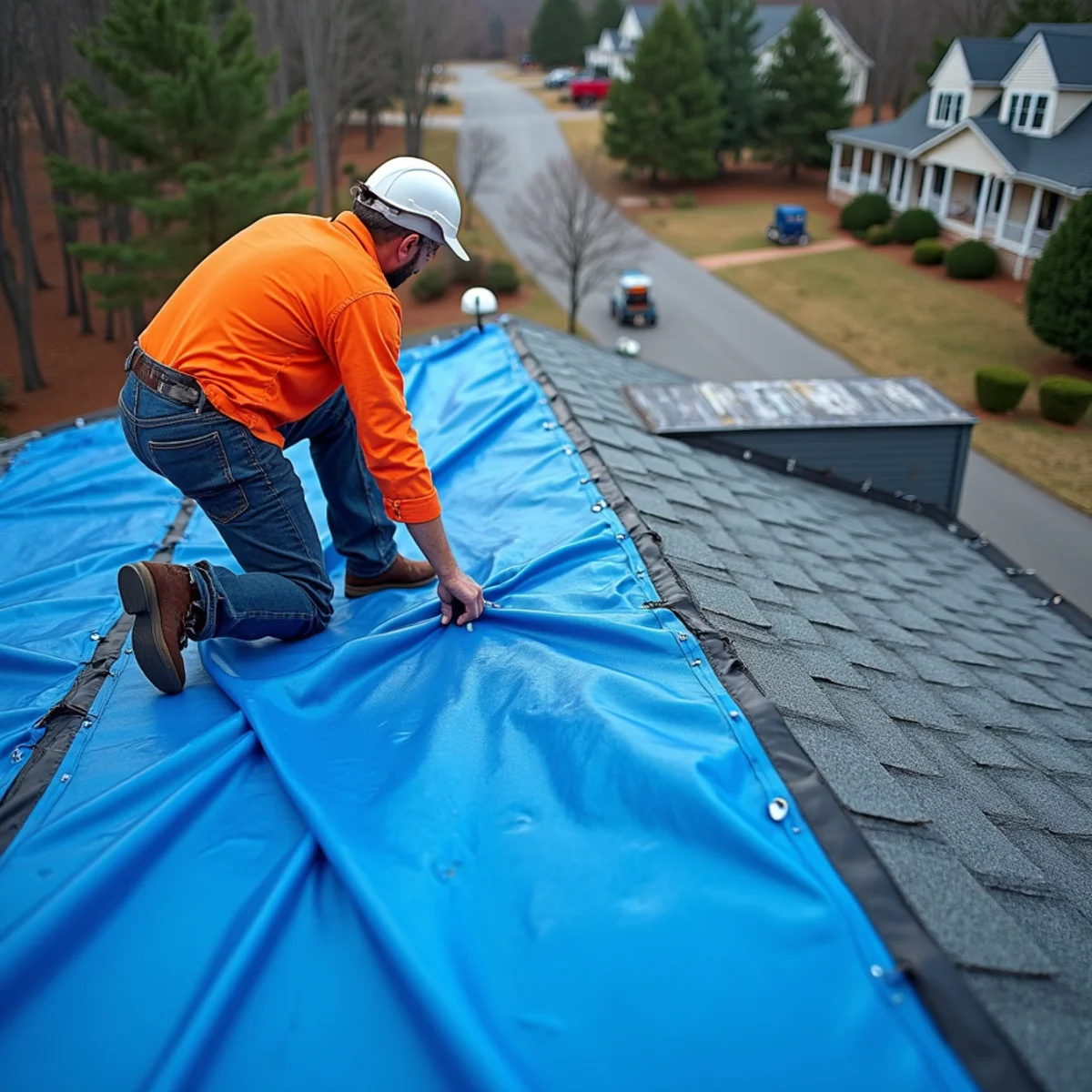 Professional blue emergency tarp anchored over storm damage on a Cartersville, GA rooftop