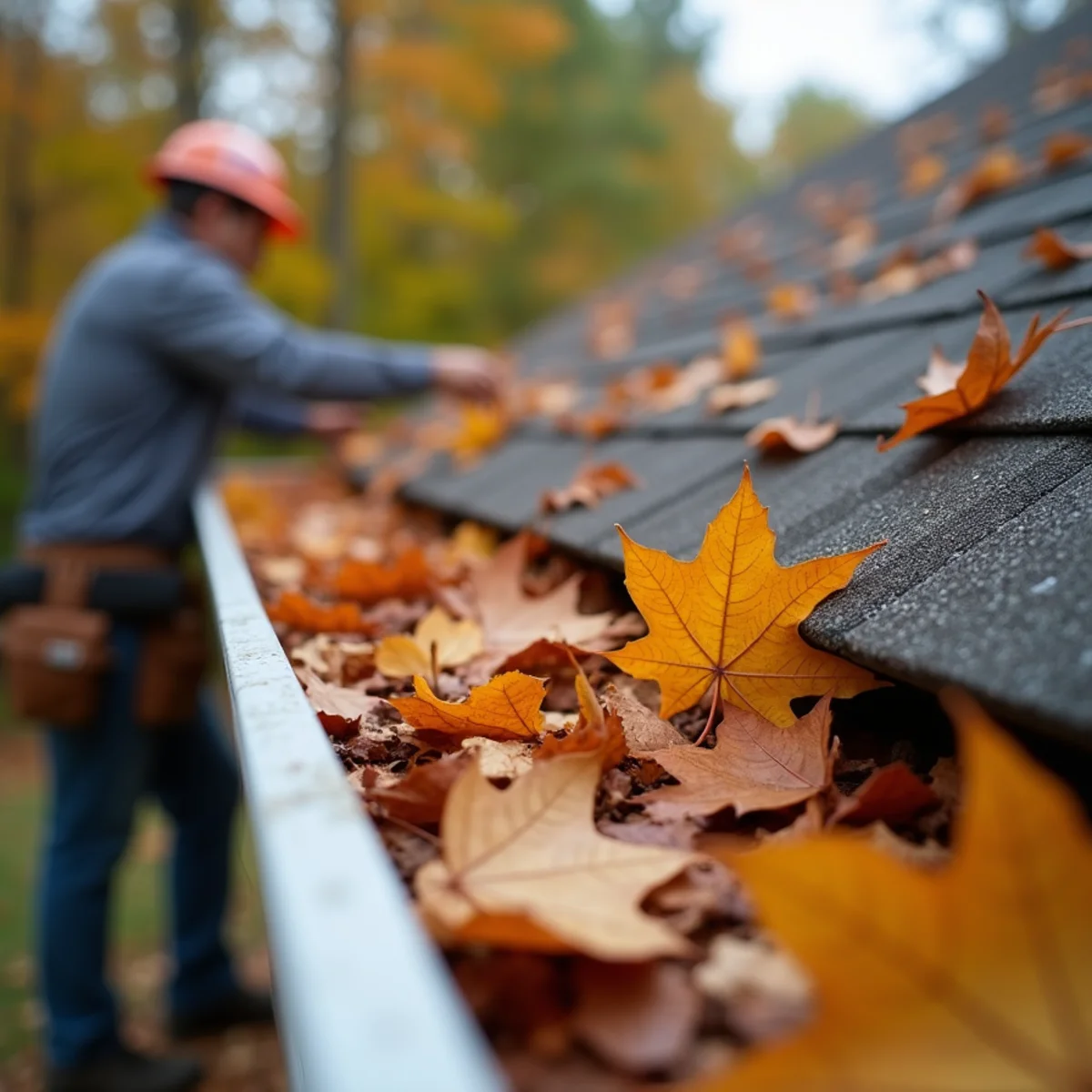 Fallen leaves collected in a gutter on a North Georgia home in autumn