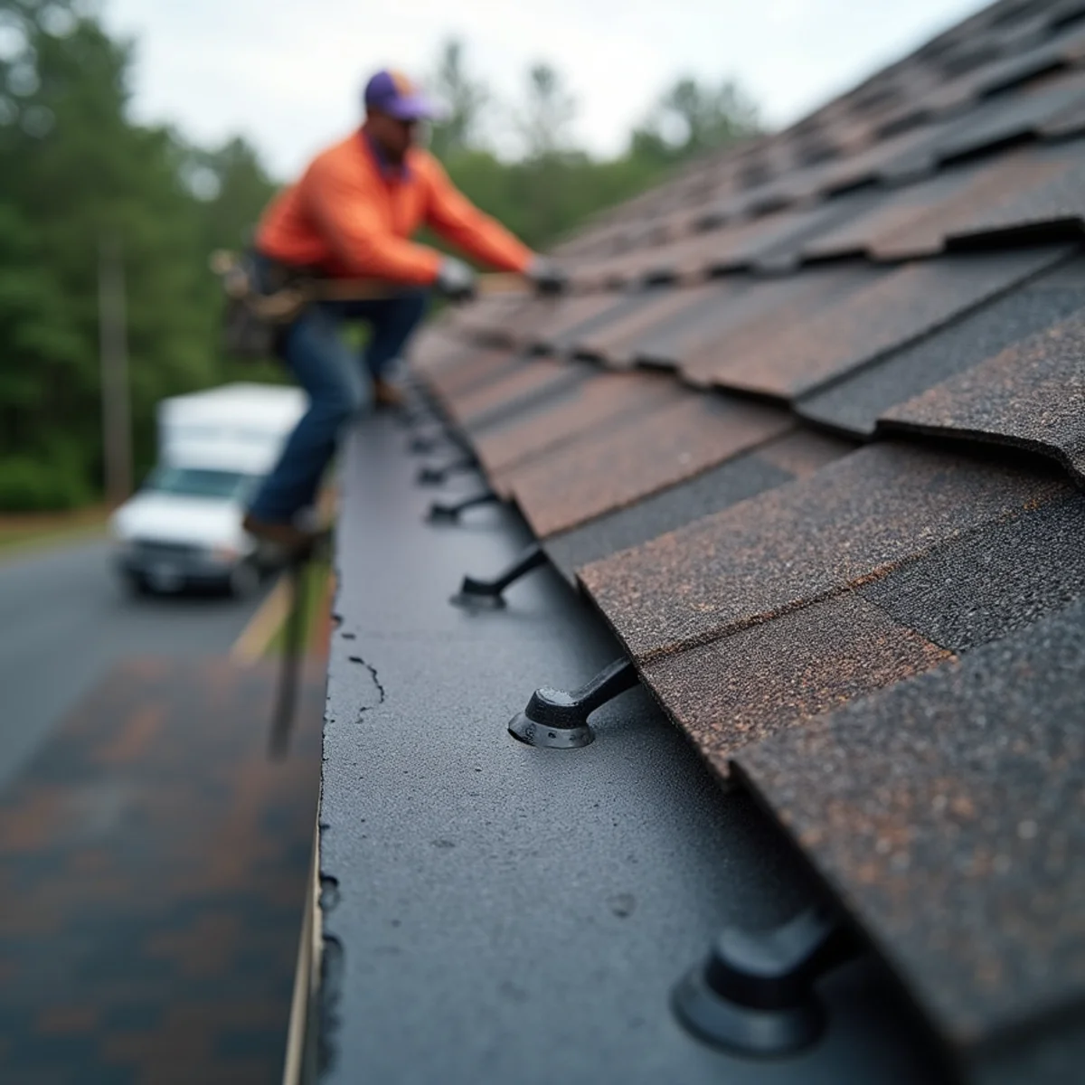 Close-up of shingle starter strip and six-nail fastening pattern on a North Georgia roof