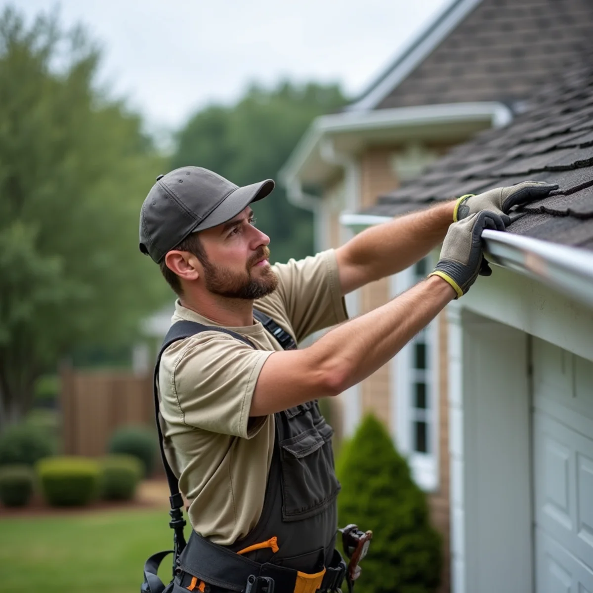 Homeowner checking gutters and shingles on a North Georgia home before storm season