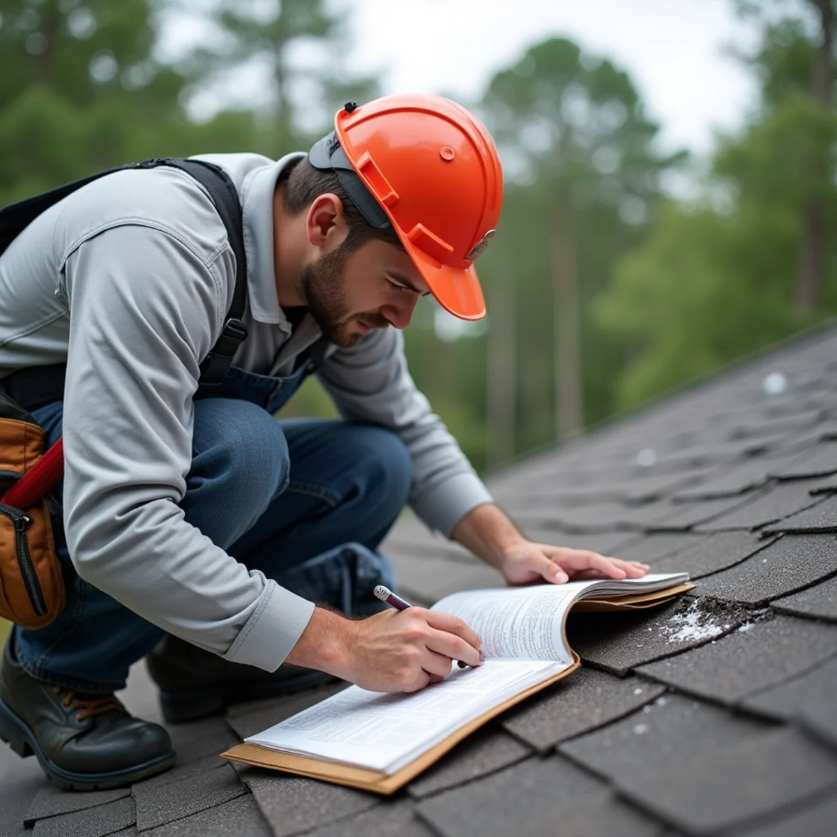 Inspector documenting hail damage on a shingle roof for an insurance claim in North Georgia