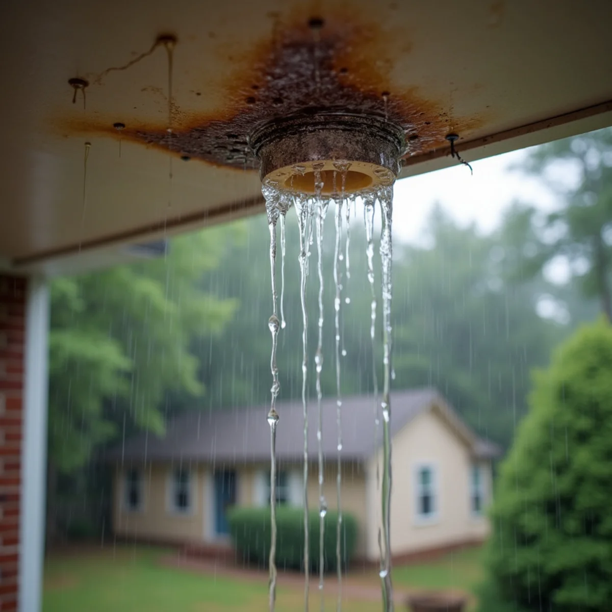 Water dripping from a stained ceiling during a heavy thunderstorm at a Cartersville, GA home