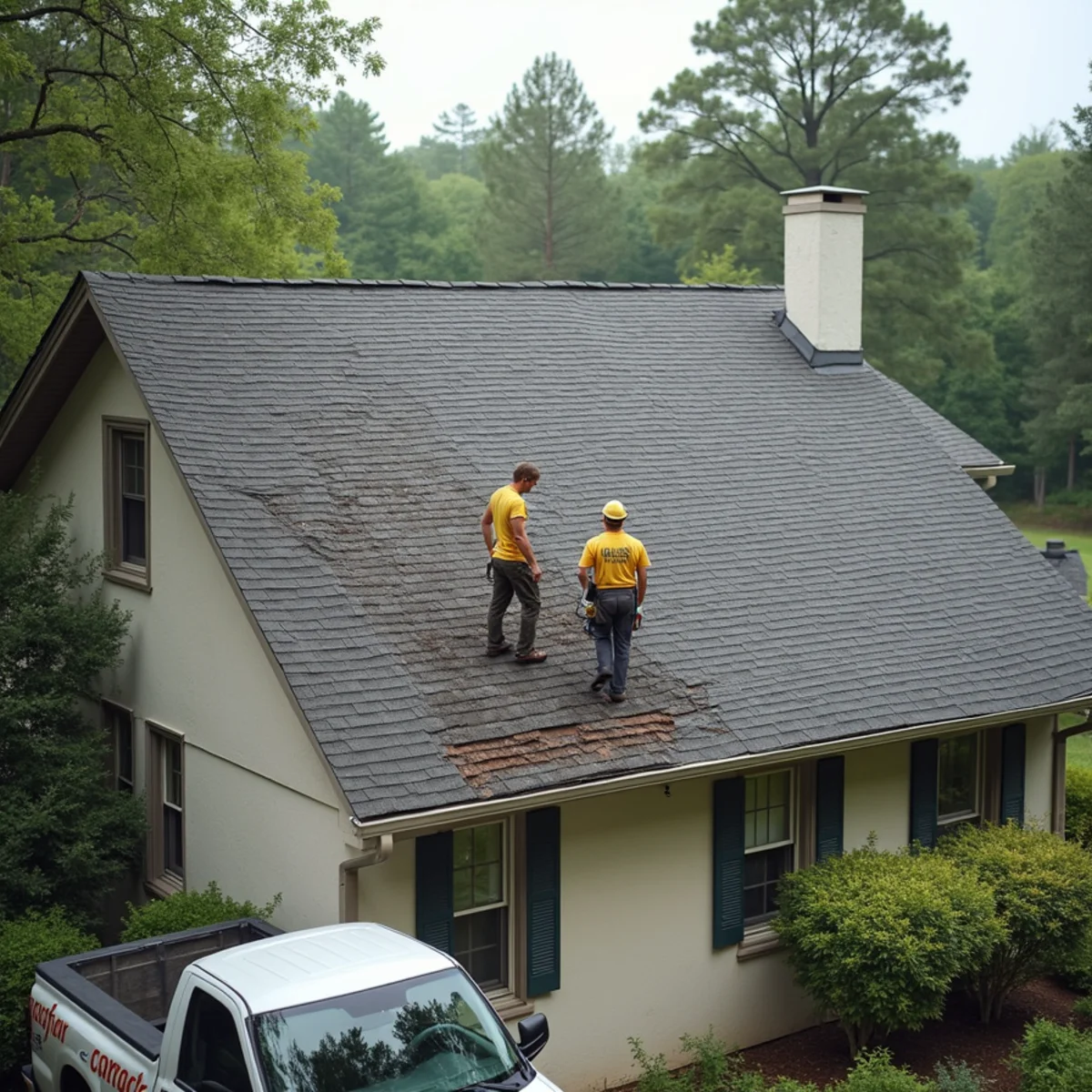 Aging asphalt shingle roof with curling shingles on a home in Cartersville, North Georgia