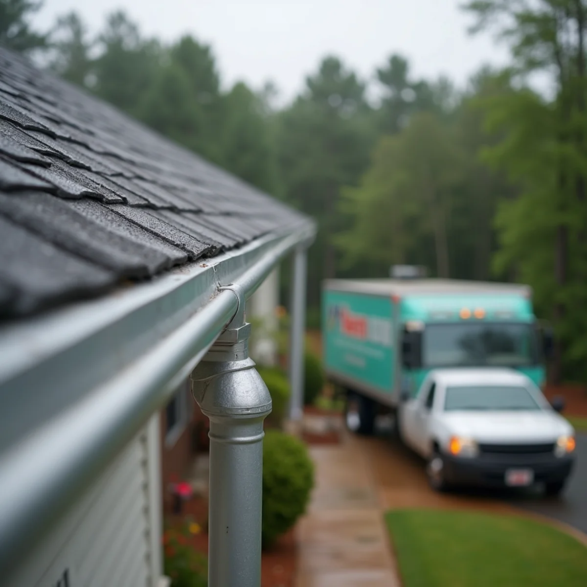 Seamless aluminum gutter along the fascia of a North Georgia home directing rainwater to a downspout