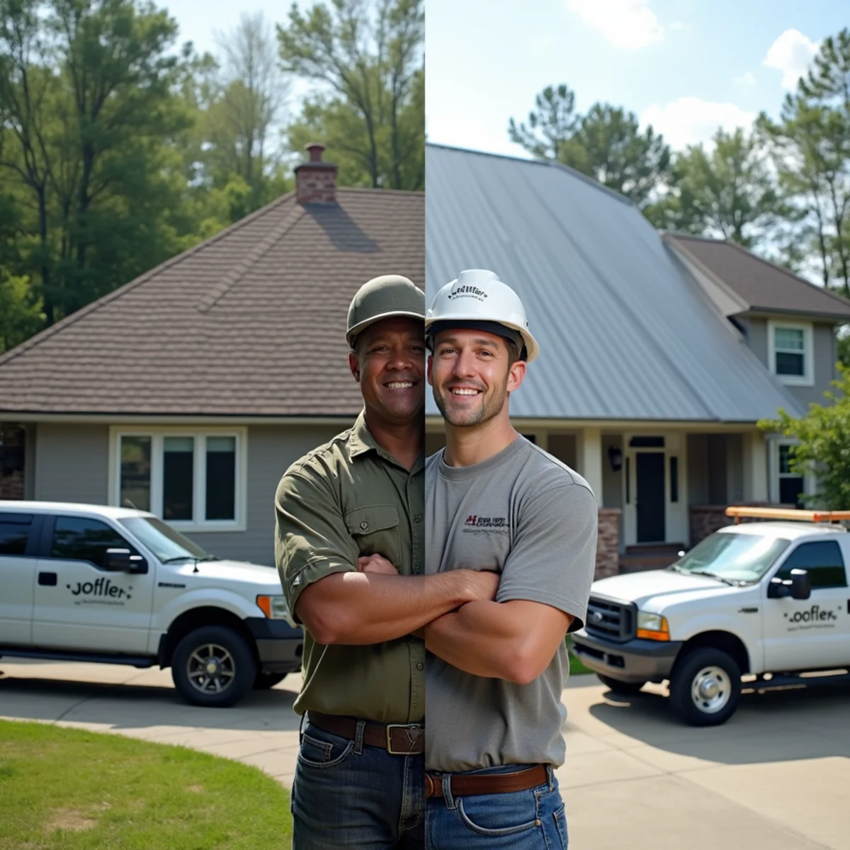 Side-by-side comparison of architectural shingle roof and standing seam metal roof in North Georgia