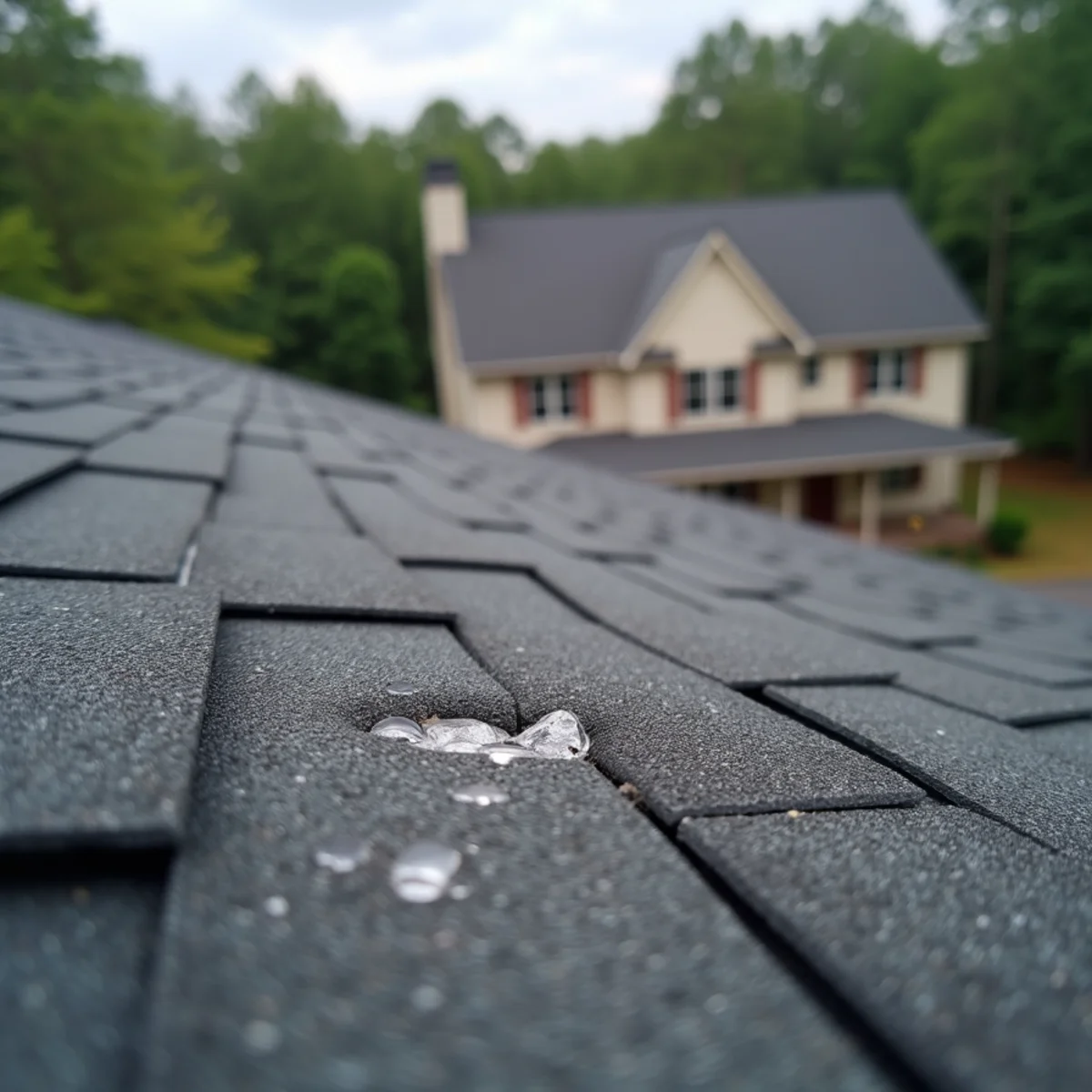 Close-up of hail bruising and granule loss on an architectural asphalt shingle in North Georgia