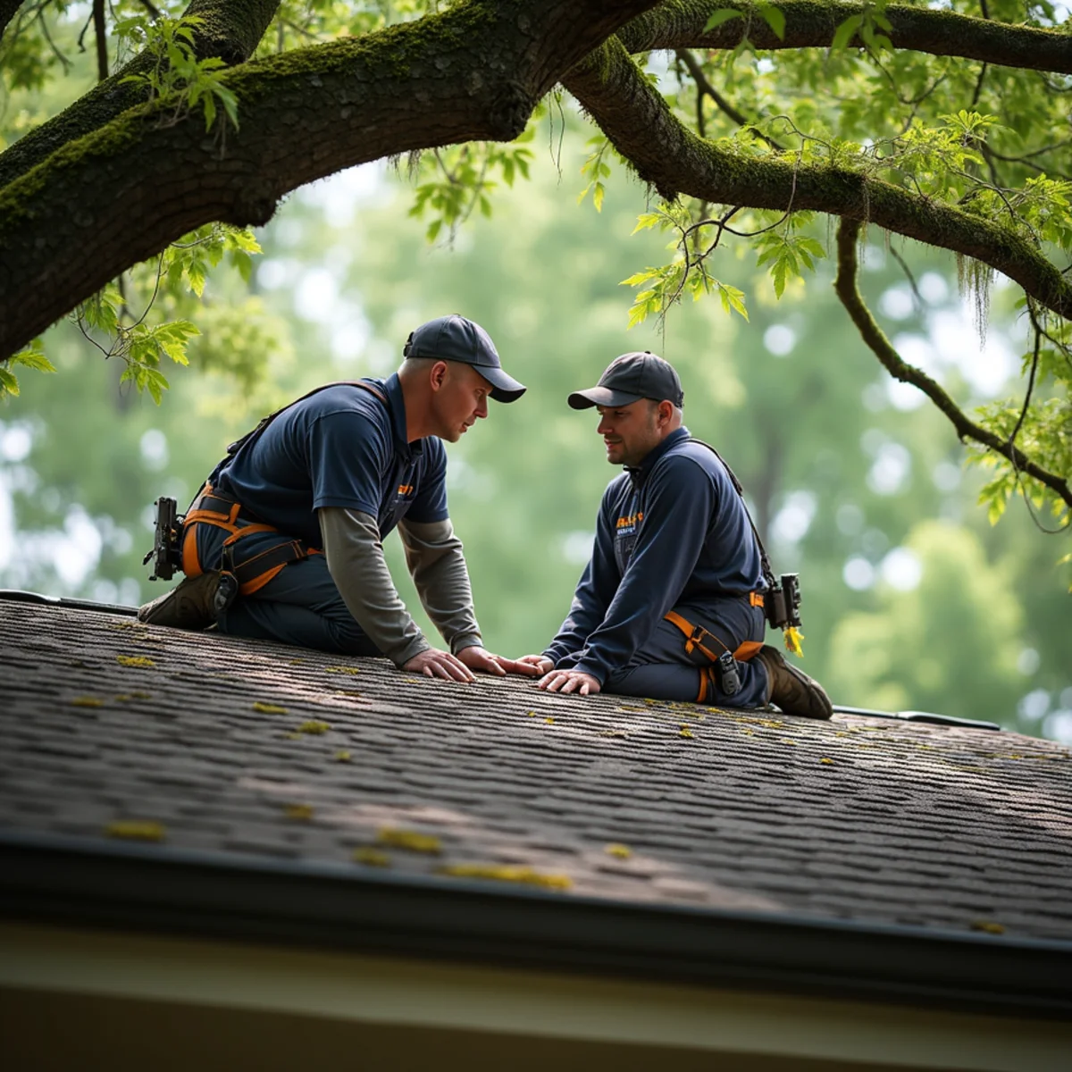 Oak branches overhanging a shingle roof in Cartersville, Georgia with moss growth in the shade