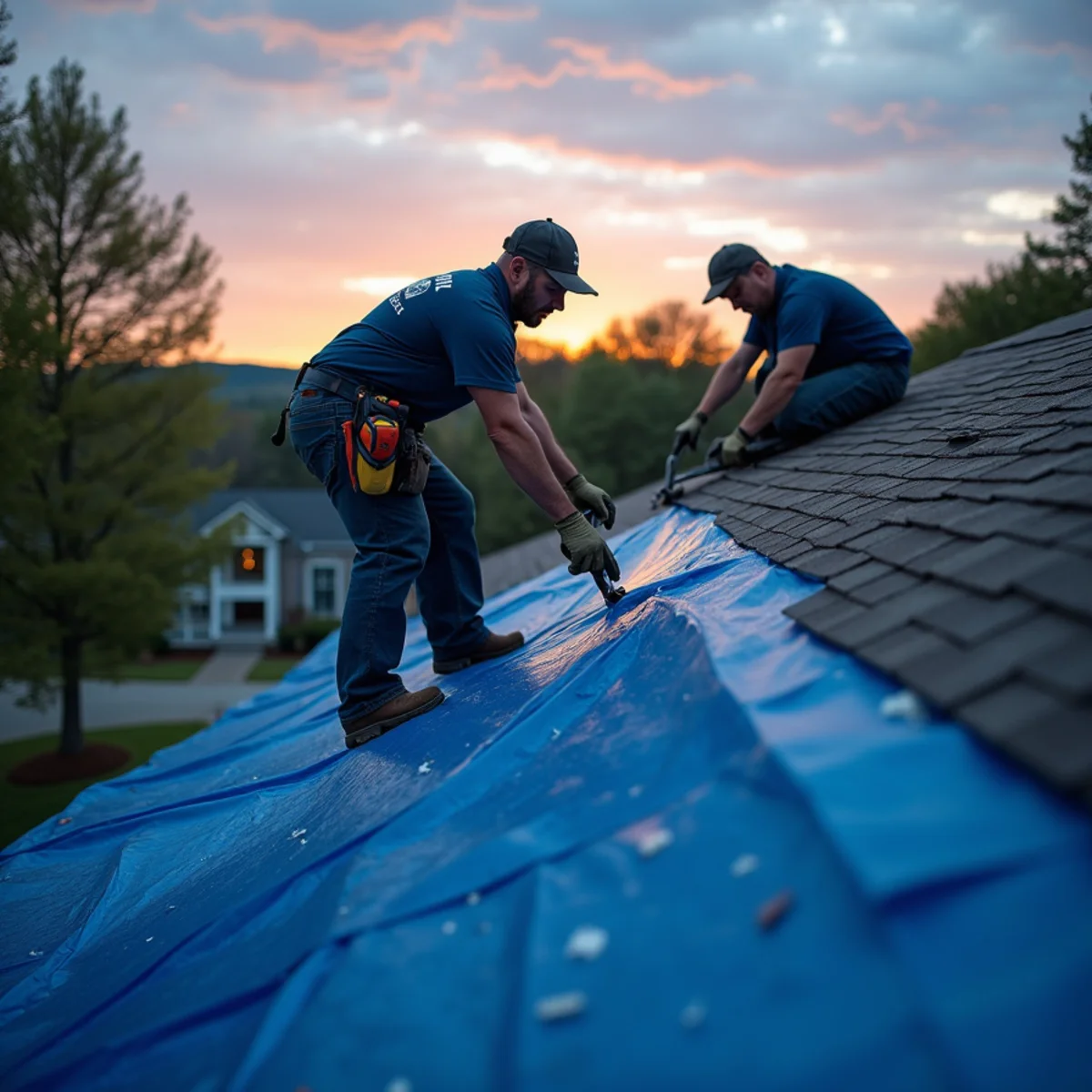 Storm-damaged roof secured with a properly anchored emergency tarp