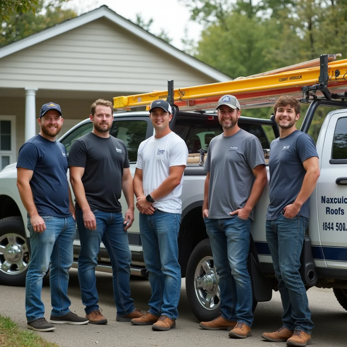 Eagles Roofing and Reconstruction crew with a branded truck at a Cartersville, GA job site