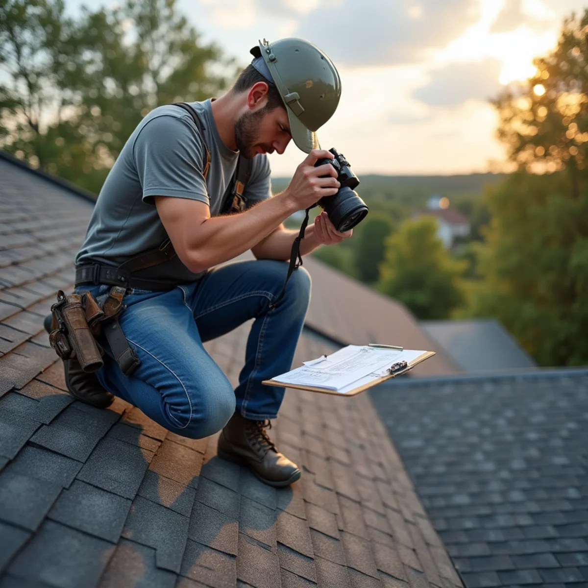 Roofer documenting storm damage with a camera for an insurance claim in Cartersville, GA
