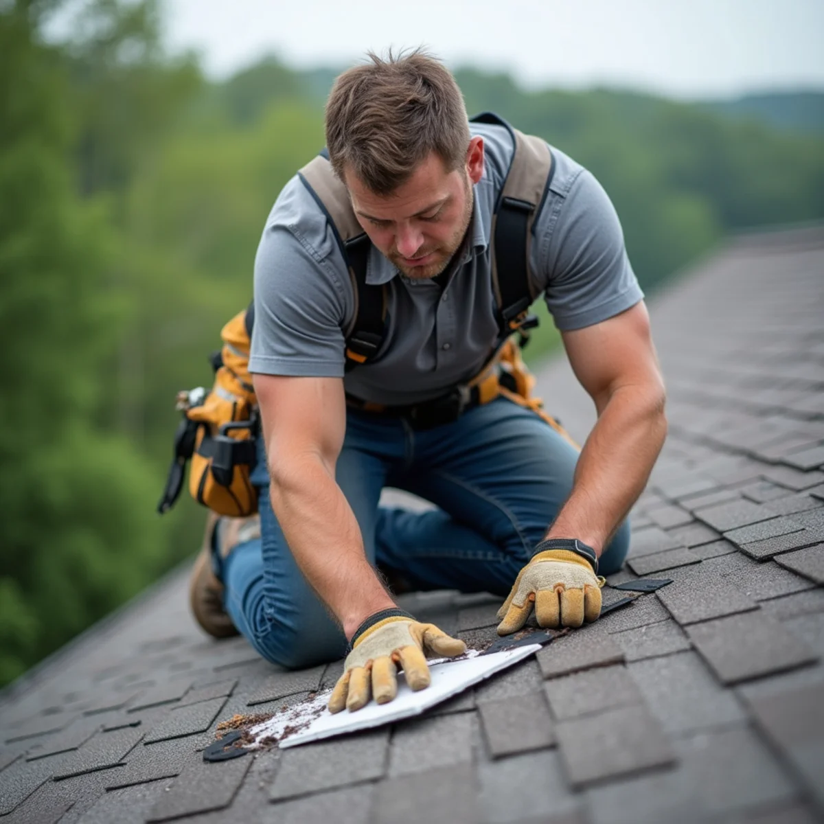 Eagles Roofing technician sealing flashing during a roof leak repair in Cartersville, GA