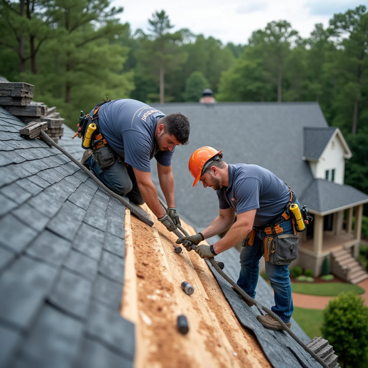 Eagles Roofing crew replacing an architectural shingle roof in Cartersville, GA